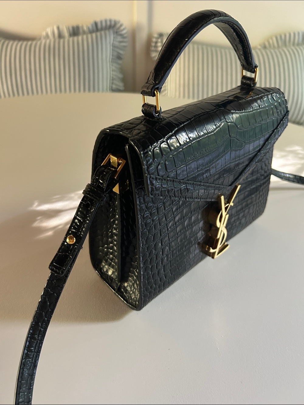 Saint Laurent Black Croc-Embossed Top Handle Satchel Mini Cassandra Purse - Picture 12 of 14